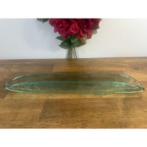 Vintage Hand Blown Glass Long Serving Tray Clear Green Tint Organic Form Decor